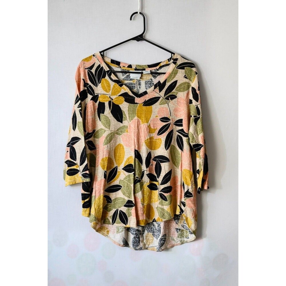 Rachel Zoe Linen top 1x Tee shirt t-shirt leaf print summer floral